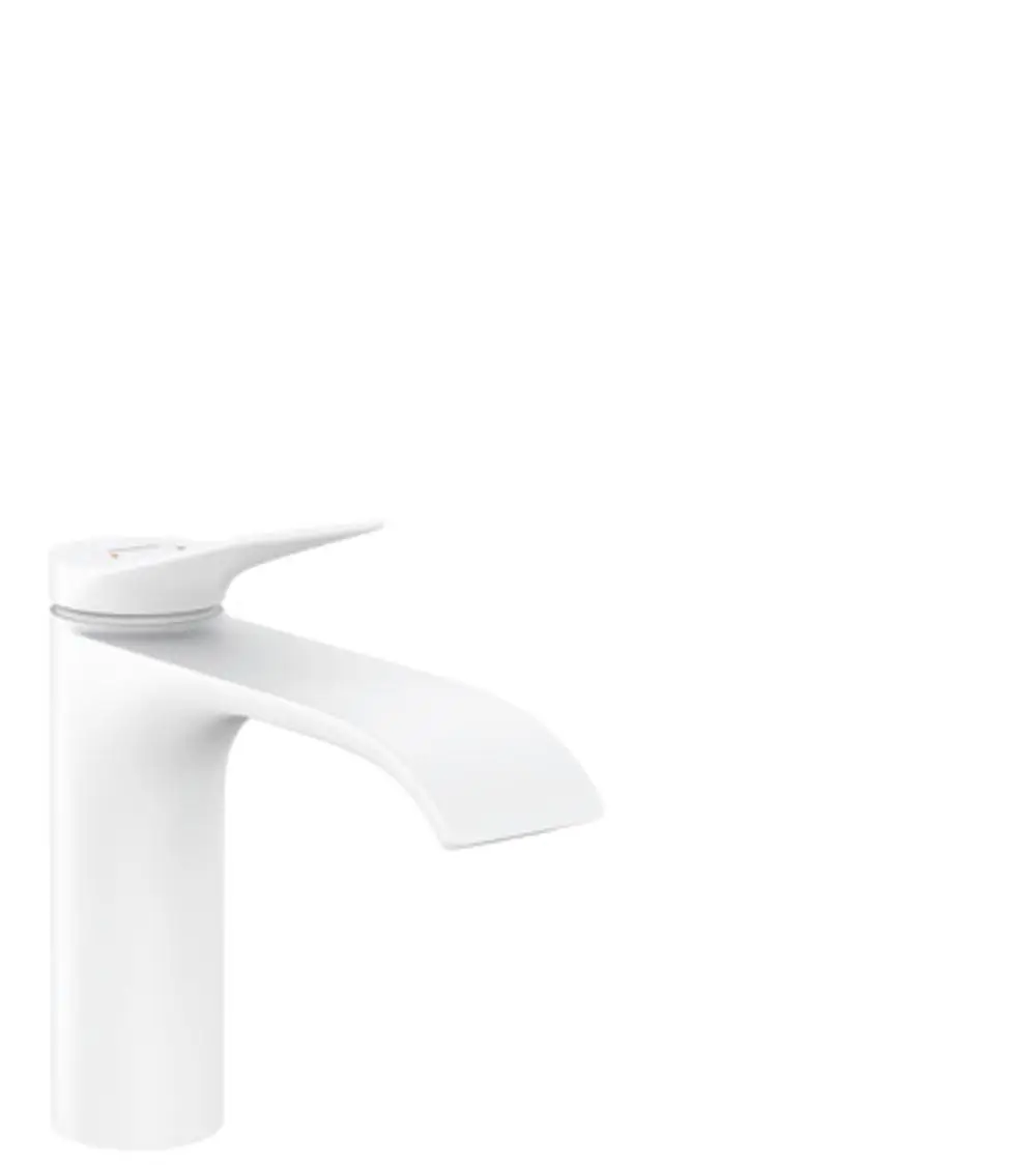 Weißer Waschtischmischer von Hansgrohe mit einer schmalen, leicht abgerundeten Auslaufkante und einem dezenten Hebel zur Steuerung des Wassers.